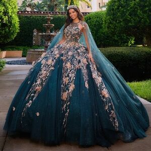 Ariana Vara Princess Quinceañera Dress – Size 2 (Forest / Rose Gold)